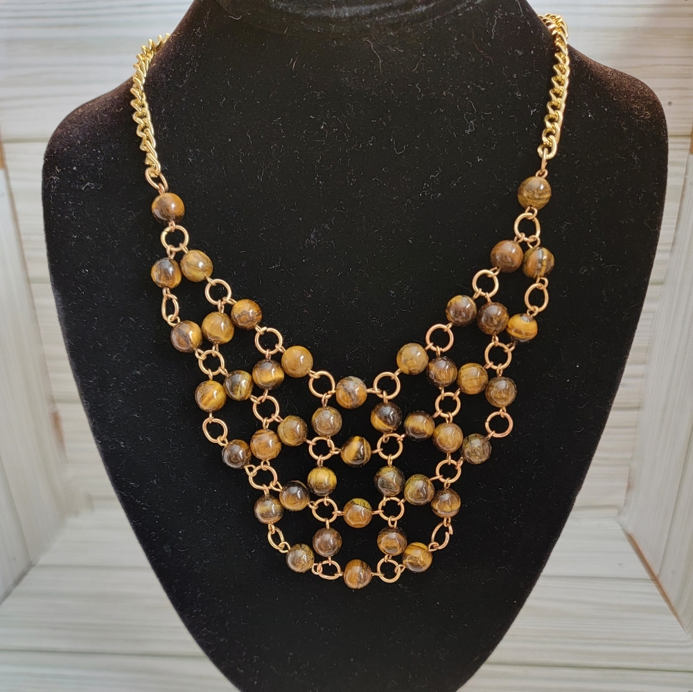 Genuine Tiger's Eye Gold Tone Multi Strand Bib Statement Necklace